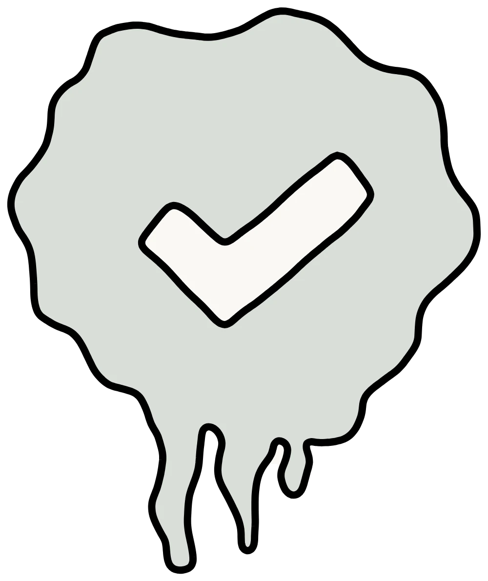 A hand-drawn verified badge with a check mark in it, melting and dripping at the bottom