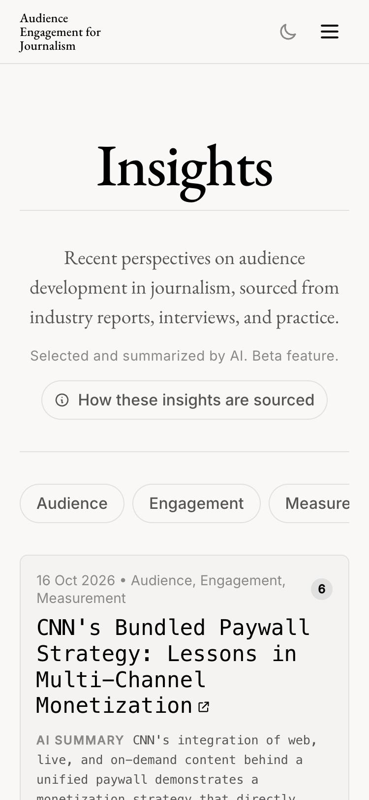 The top of the Insights page on a phone, with the topic filters and the first insight card and its AI summary