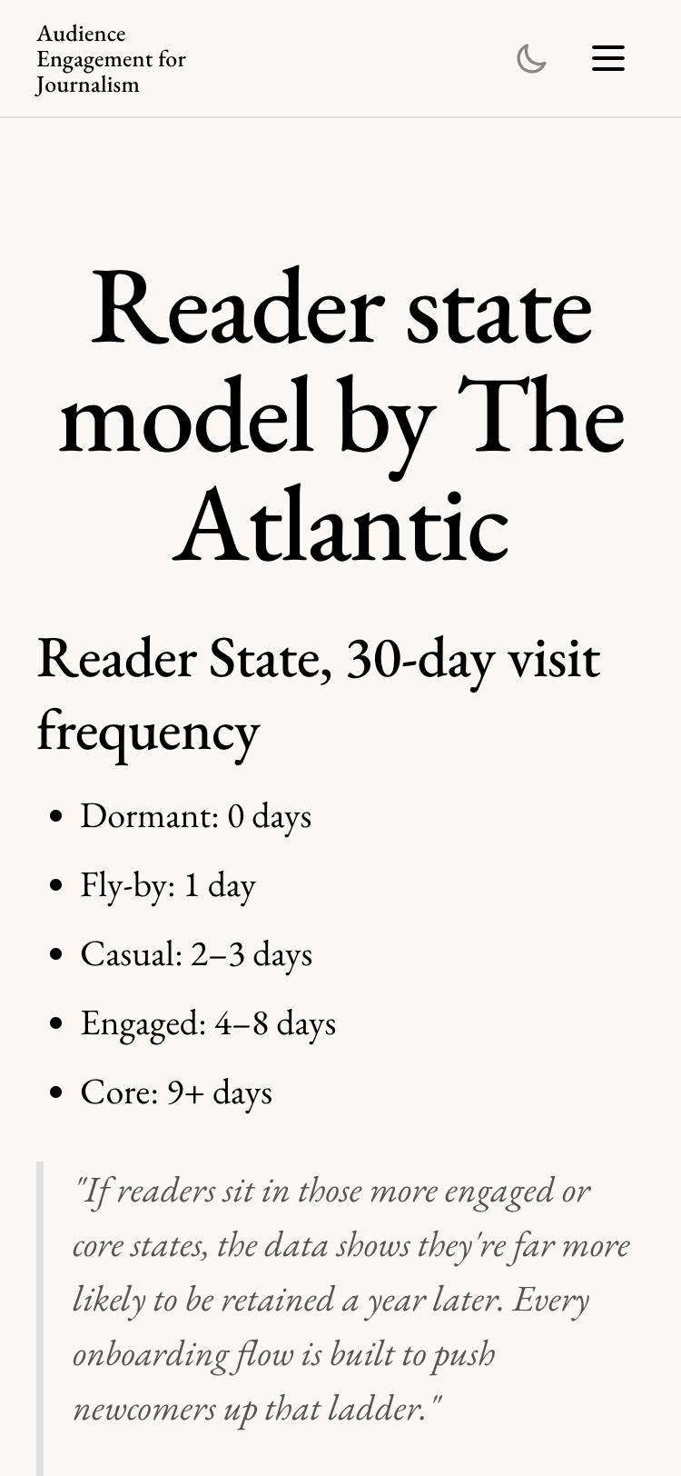 The top of the Reader state model by The Atlantic page in the site's toolkit on a phone, with the five reader states and their visit frequencies