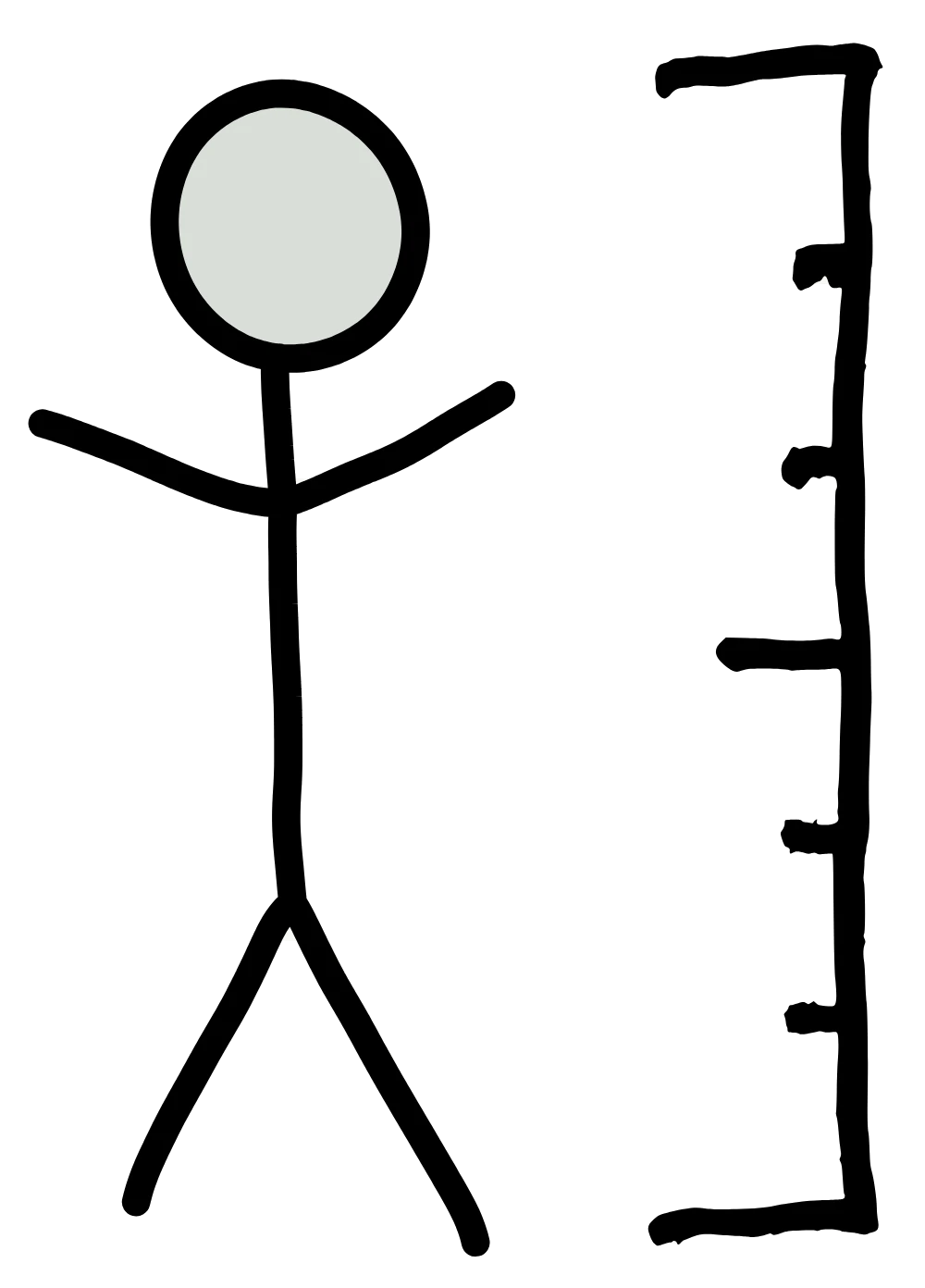 A hand-drawn stick figure with a tinted round head and open arms, standing beside a measuring stick with five marks